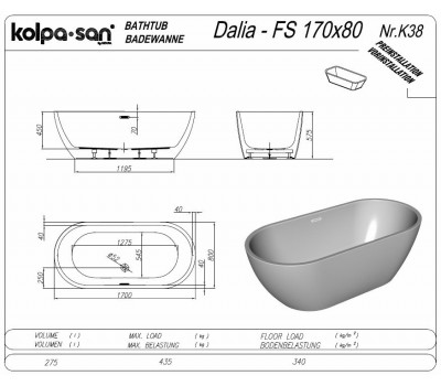 Акриловая ванна Kolpa San Dalia Fs 170х80 белая 561140 с интегрированной панелью