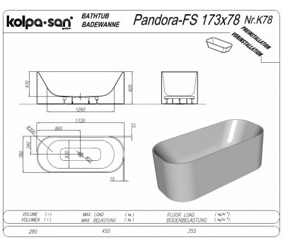 Акриловая ванна Kolpa San Pandora Fs 173х78 белая 593150 с интегрированной панелью