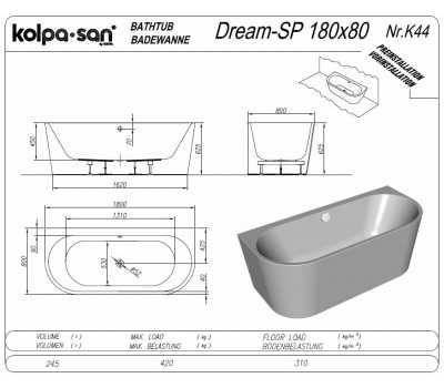 Акриловая ванна Kolpa San Dream Sp 180х80 белая 570390 с интегрированной панелью