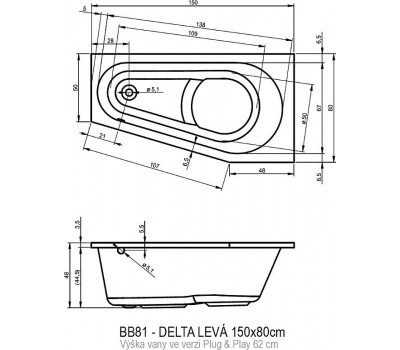 Акриловая ванна Riho Delta 150 см L Plug&Play